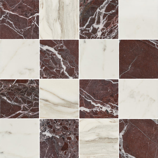 Rosso Levanto & Calacatta Gold 4" Checkerboard Soft Tumbled