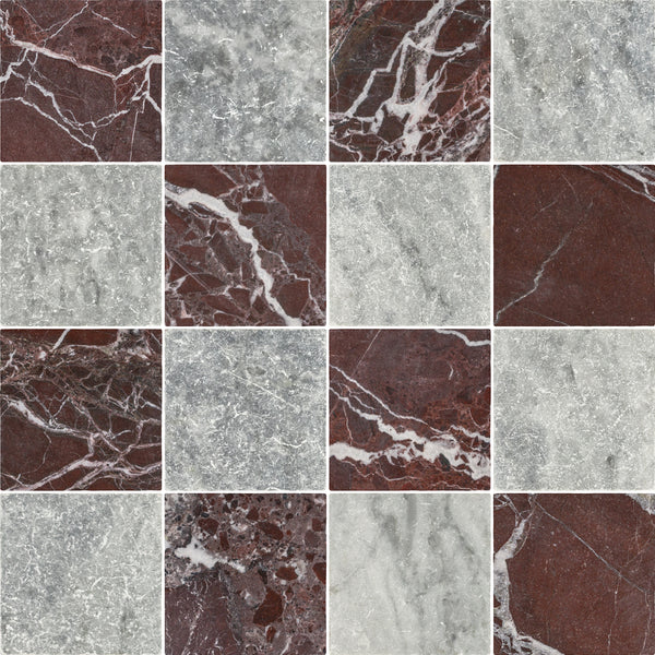 Rosso Levanto & Bardiglio Nuvolato 4" Checkerboard Soft Tumbled