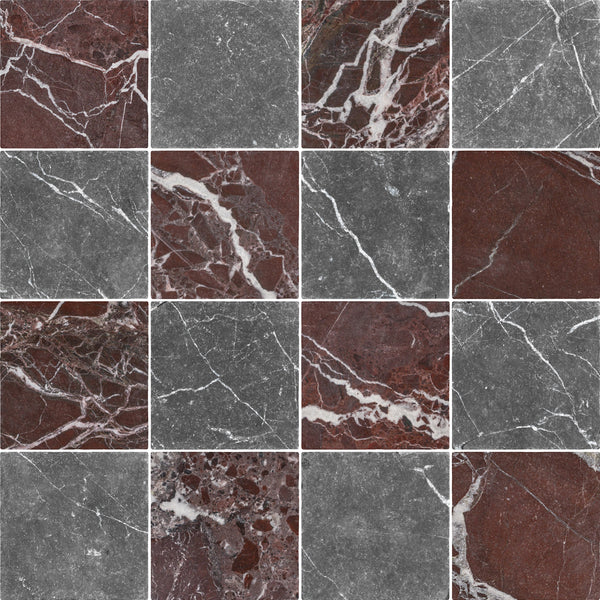 Rosso Levanto & Black Marble 4" Checkerboard Soft Tumbled