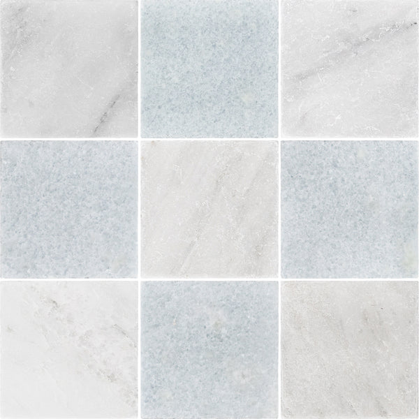 Pearl White 4" x 4" Tumbled & Blue Celeste 4" x 4" Tumbled Checkerboard Board
