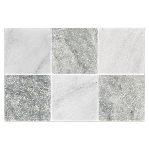 Pearl White 4" x 4" Tumbled & Bardiglio Nuvolato 4" x 4" Tumbled Checkerboard Board