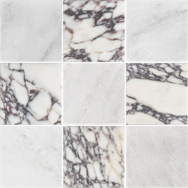 Pearl White 4" x 4" Tumbled & Bianco Violetta 4" x 4" Tumbled Checkerboard Board