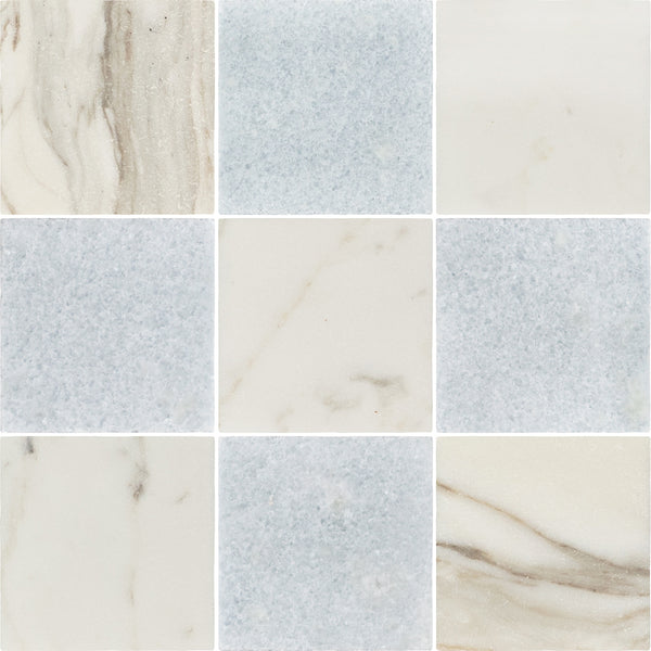Calacatta Gold 4" x 4" Tumbled & Blue Celeste 4" x 4" Tumbled Checkerboard Board