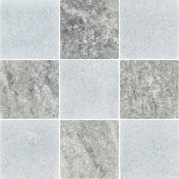 Blue Celeste 4" x 4" Tumbled & Bardiglio Nuvolato 4" x 4" Tumbled Checkerboard Board