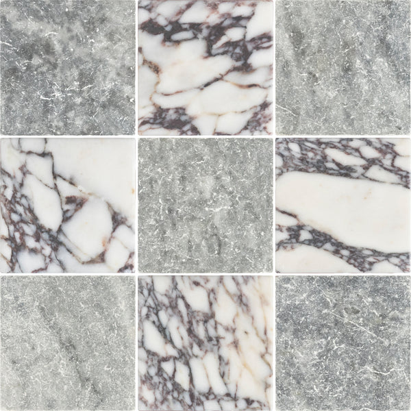 Bardiglio Nuvolato 4" x 4" Tumbled & Bianco Violetta 4" x 4" Tumbled Checkerboard Board