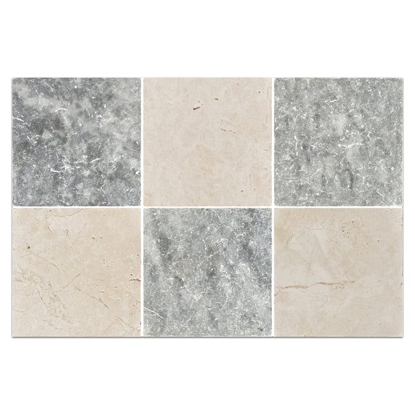 Bardiglio Nuvolato 4" x 4" Tumbled & Alba Nova 4" x 4" Tumbled Checkerboard Board