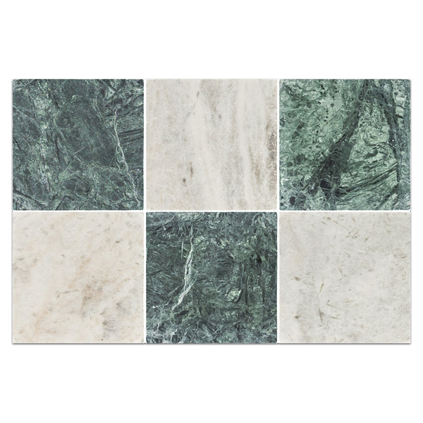 Notte Verde 4" x 4" Tumbled & Bianco Oro 4" x 4" Tumbled Checkerboard Board