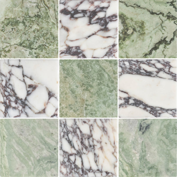 Emerald Green 4" x 4" Tumbled & Bianco Violetta 4" x 4" Tumbled Checkerboard Board