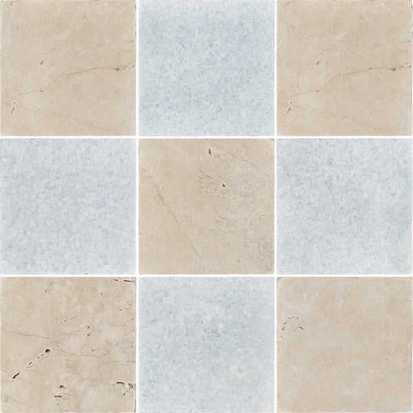 Vanilla Royale 4" x 4" Tumbled & Blue Celeste 4" x 4" Tumbled Checkerboard Board