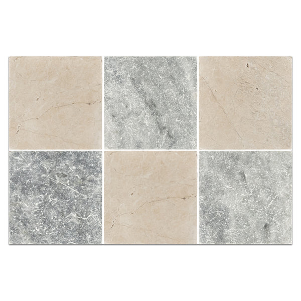 Vanilla Royale 4" x 4" Tumbled & Bardiglio Nuvolato 4" x 4" Tumbled Checkerboard Board