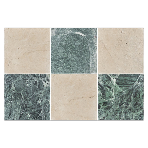 Vanilla Royale 4" x 4" Tumbled & Notte Verde 4" x 4" Tumbled Checkerboard Board