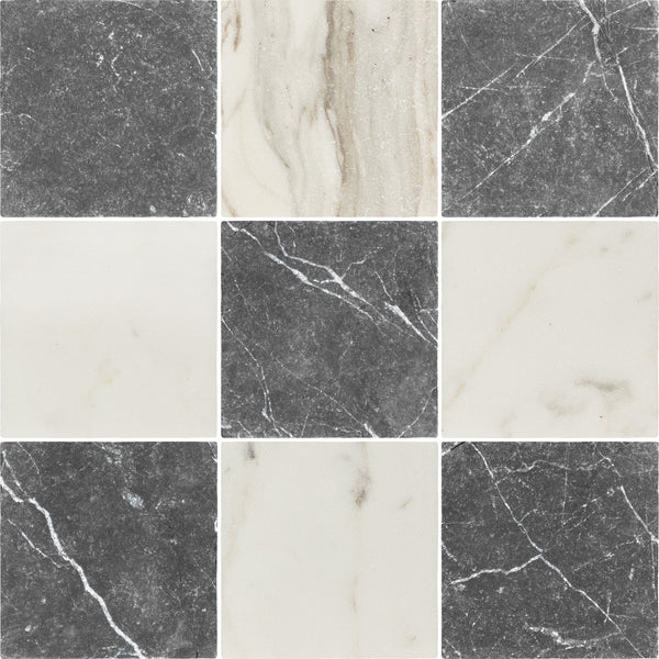 Black Marble 4" x 4" Tumbled & Calacatta Gold 4" x 4" Tumbled Checkerboard Board