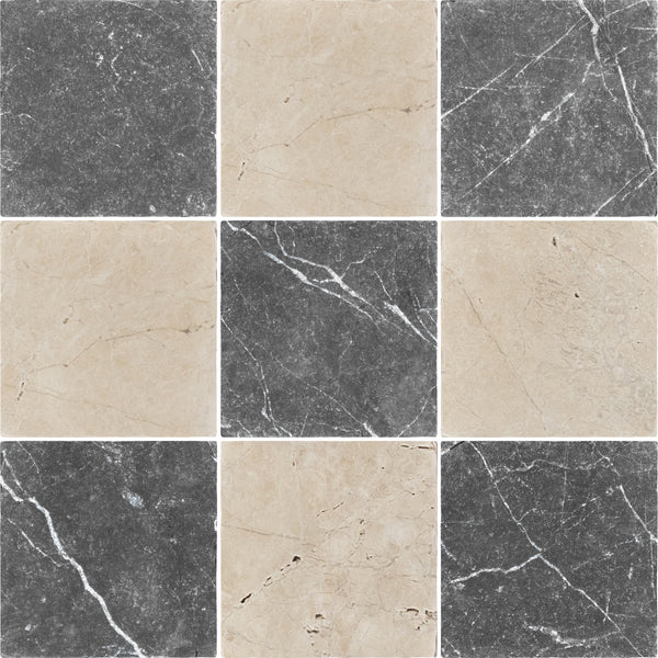 Black Marble 4" x 4" Tumbled & Vanilla Royale 4" x 4" Tumbled Checkerboard Board