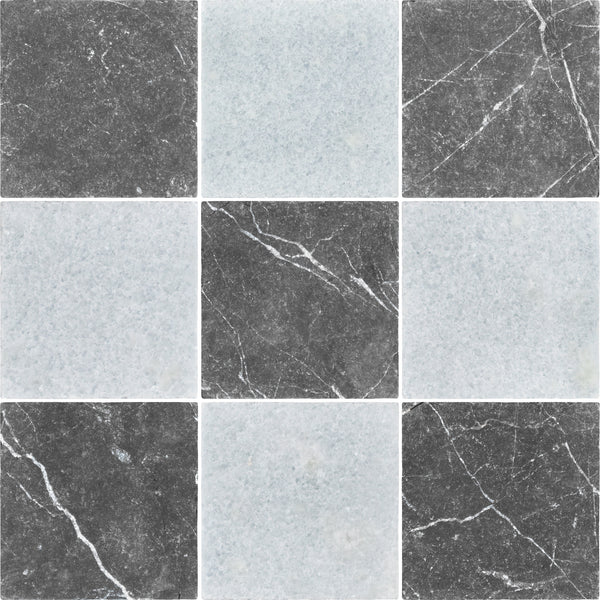 Black Marble 4" x 4" Tumbled & Blue Celeste 4" x 4" Tumbled Checkerboard Board