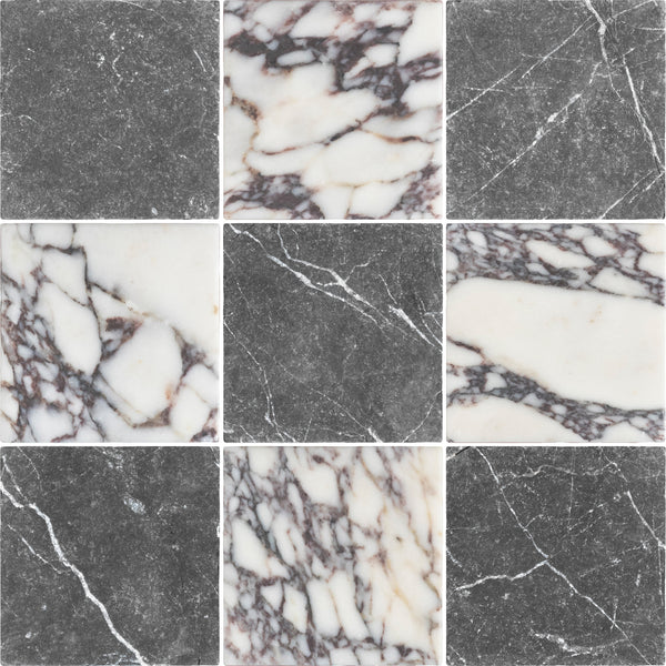 Black Marble 4" x 4" Tumbled & Bianco Violetta 4" x 4" Tumbled Checkerboard Board