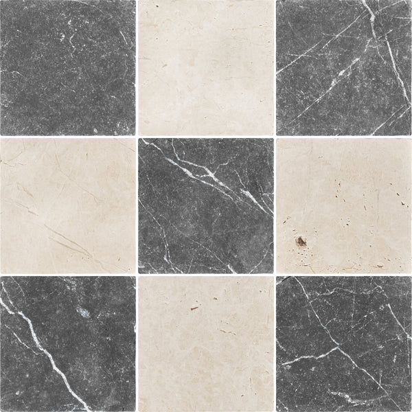 Black Marble 4" x 4" Tumbled & Alba Nova 4" x 4" Tumbled Checkerboard Board