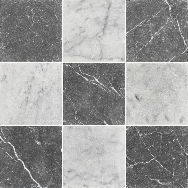 Black Marble 4" x 4" Tumbled & Bianco Carrara 4" x 4" Tumbled Checkerboard Board