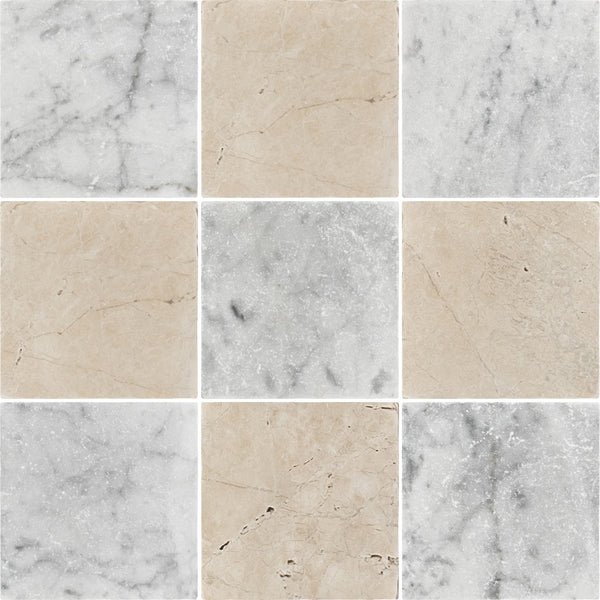 Bianco Carrara 4" x 4" Tumbled & Vanilla Royale 4" x 4" Tumbled Checkerboard Board