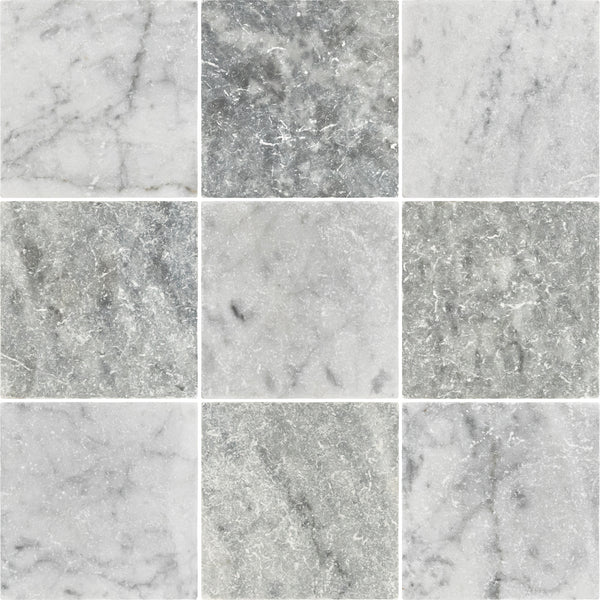Bianco Carrara 4" x 4" Tumbled & Bardiglio Nuvolato 4" x 4" Tumbled Checkerboard Board