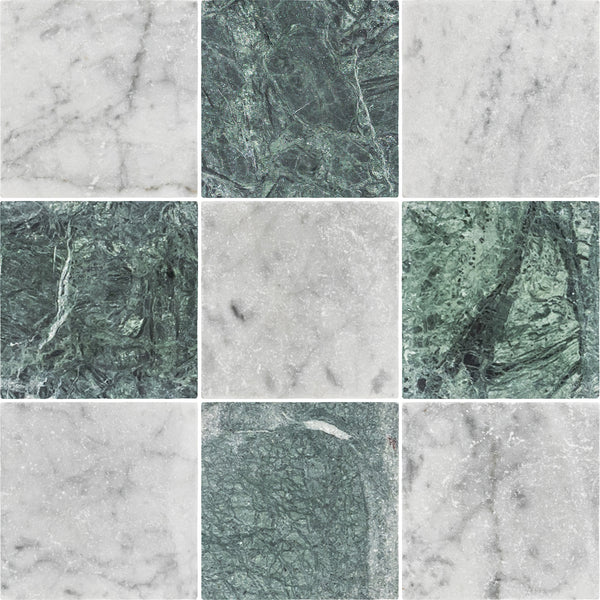 Bianco Carrara 4" x 4" Tumbled & Notte Verde 4" x 4" Tumbled Checkerboard Board