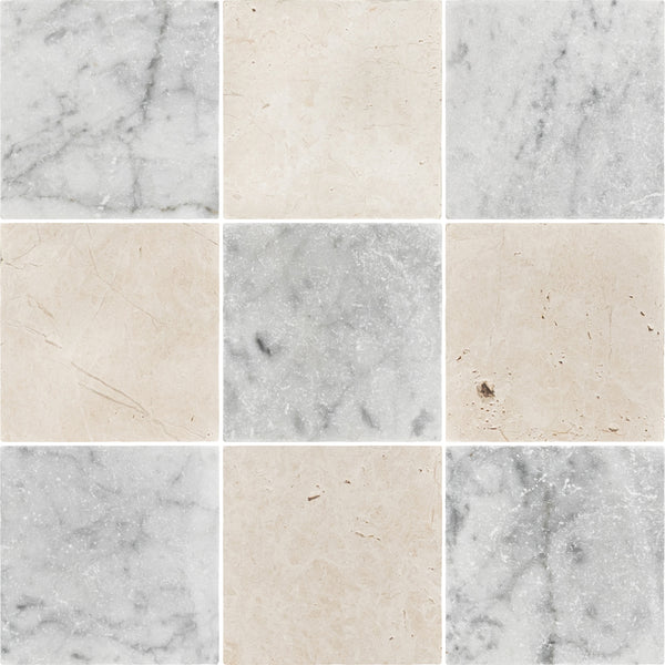 Bianco Carrara 4" x 4" Tumbled & Alba Nova 4" x 4" Tumbled Checkerboard Board
