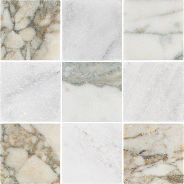 Calacatta Green 4" x 4" Soft Tumbled & Pearl White 4" x 4" Tumbled Checkerboard Board