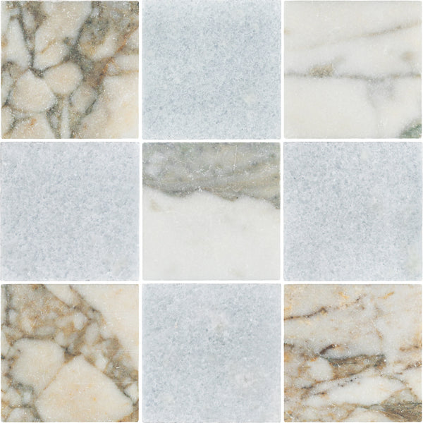 Calacatta Green 4" x 4" Soft Tumbled & Blue Celeste 4" x 4" Tumbled Checkerboard Board