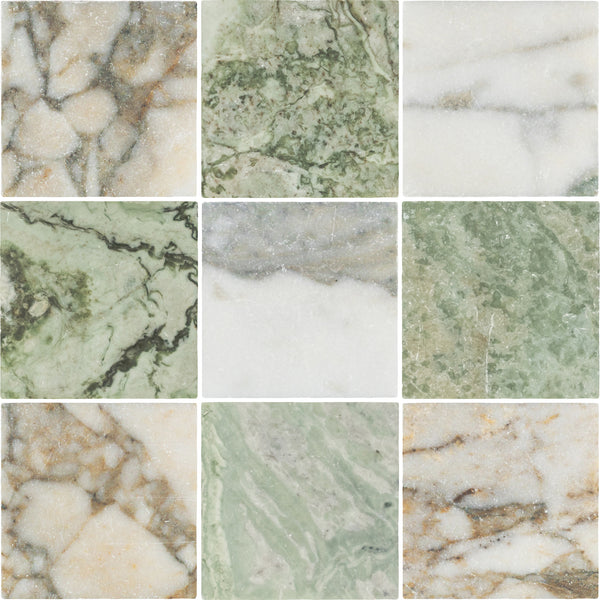 Calacatta Green 4" x 4" Soft Tumbled & Emerald Green 4" x 4" Tumbled Checkerboard Board