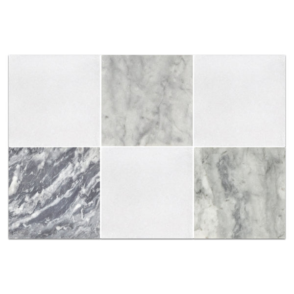 White Thassos 4" x 4" Honed & Bardiglio Nuvolato 4" x 4" Honed Checkerboard Board