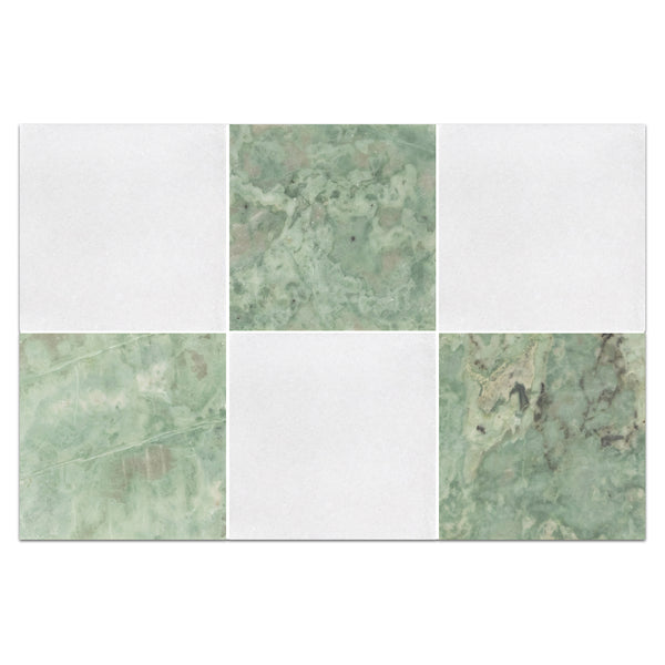 White Thassos 4" x 4" Honed & Emerald Green 4" x 4" Honed Checkerboard Board