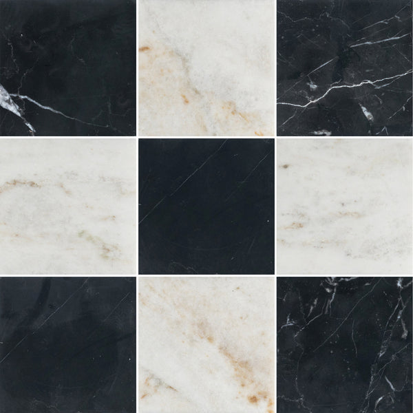 Black Marble 4" x 4" Honed & Bianco Oro 4" x 4" Honed Checkerboard Board - Elon Tile & Stone