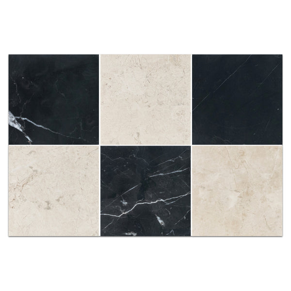 Black Marble 4" x 4" Honed & Vanilla Royale 4" x 4" Honed Checkerboard Board