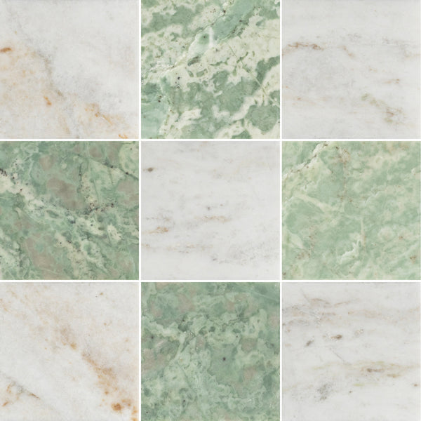 Bianco Oro 4" x 4" Honed & Emerald Green 4" x 4" Honed Checkerboard Board - Elon Tile & Stone