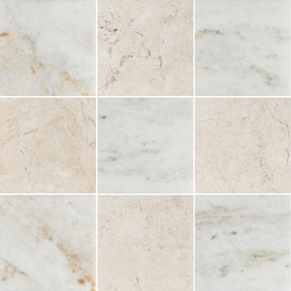 Bianco Oro 4" x 4" Honed & Vanilla Royale 4" x 4" Honed Checkerboard Board - Elon Tile & Stone