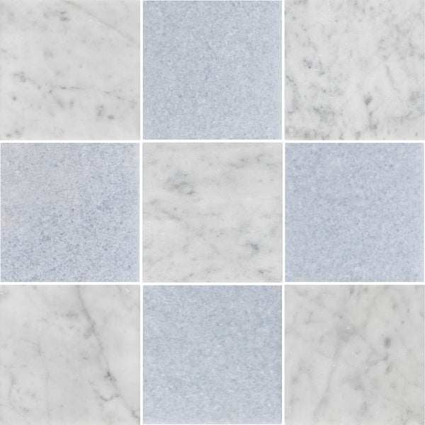 Bianco Carrara 4" x 4" Honed & Blue Celeste 4" x 4" Honed Checkerboard Board