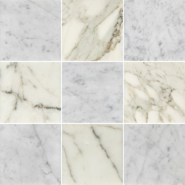 Bianco Carrara 4" x 4" Honed & Calacatta Gold 4" x 4" Honed Checkerboard Board
