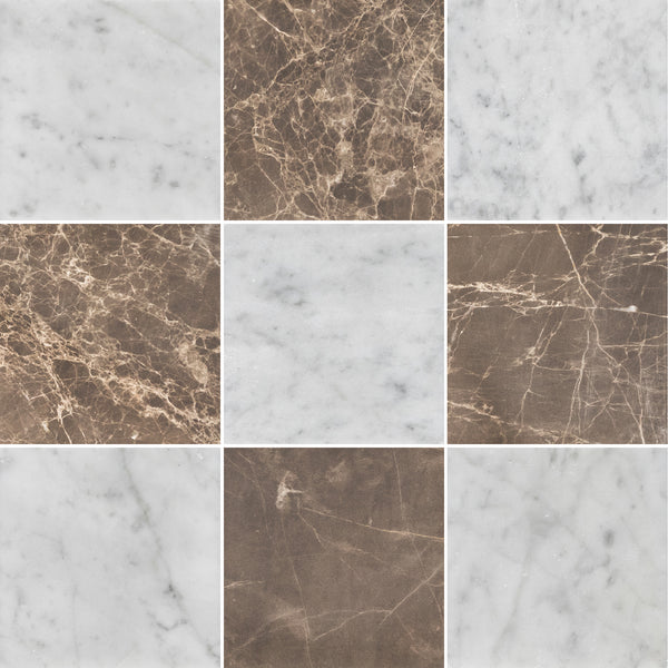 Bianco Carrara 4" x 4" Honed & Espresso 4" x 4" Honed Checkerboard Board