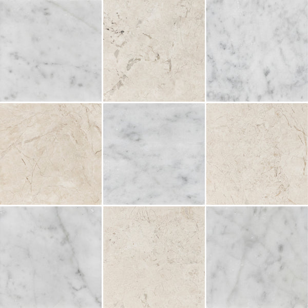 Bianco Carrara 4" x 4" Honed & Vanilla Royale 4" x 4" Honed Checkerboard Board