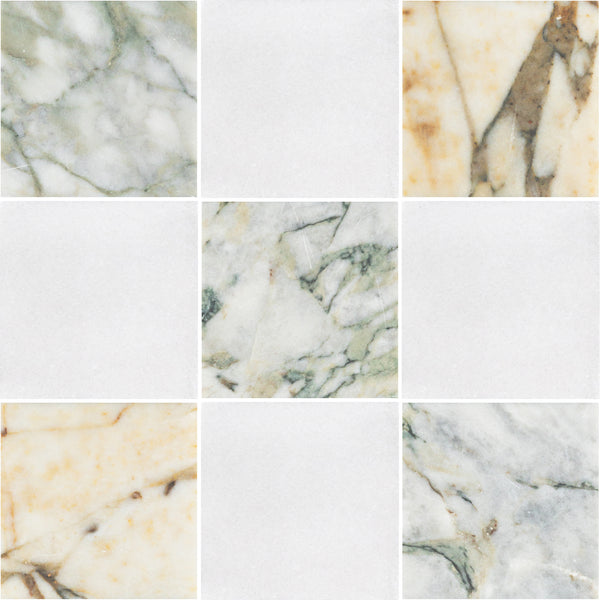 Calacatta Green 4" x 4" Honed & White Thassos 4" x 4" Honed Checkerboard Board