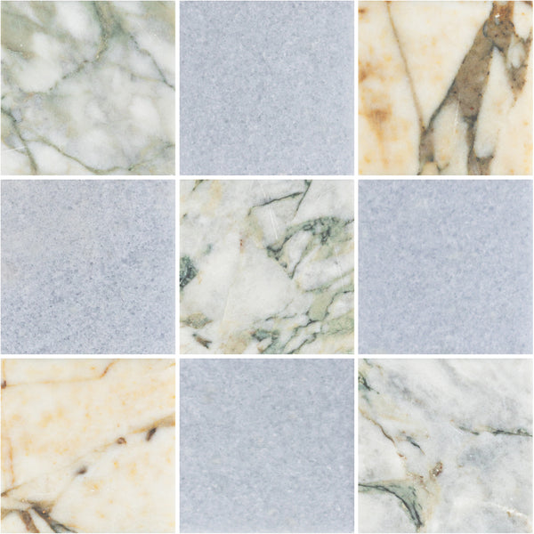 Calacatta Green 4" x 4" Honed & Blue Celeste 4" x 4" Honed Checkerboard Board