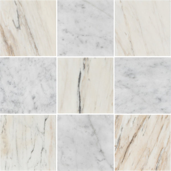 Vena D'Oro 4" x 4" Honed & Bianco Carrara 4" x 4" Honed Checkerboard Board