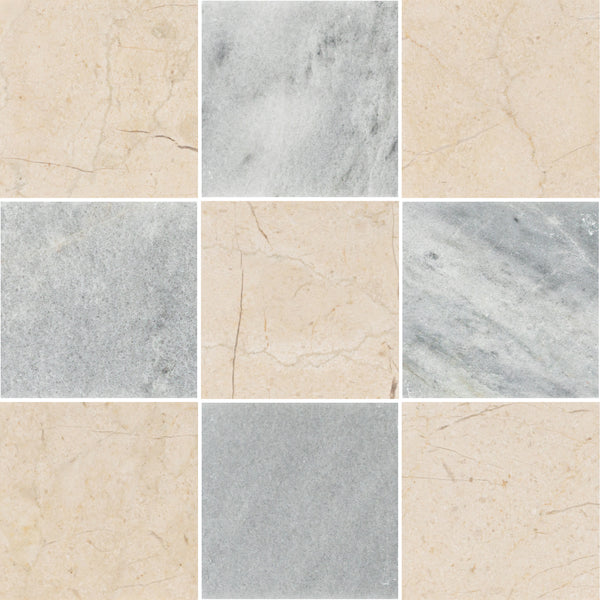 Crema Marfil 4" x 4" Honed & Blue Mist 4" x 4" Honed Checkerboard Board