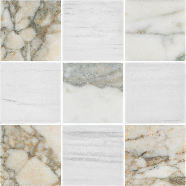 Calacatta Green 4" x 4" Soft Tumbled & Dolomite 4" x 4" Tumbled Checkerboard Board