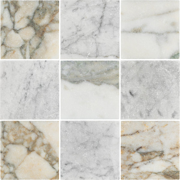 Calacatta Green 4" x 4" Soft Tumbled & Bianco Carrara 4" x 4" Tumbled Checkerboard Board