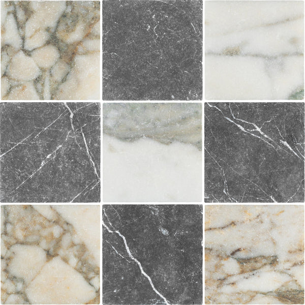 Calacatta Green 4" x 4" Soft Tumbled & Black Marble 4" x 4" Tumbled Checkerboard Board
