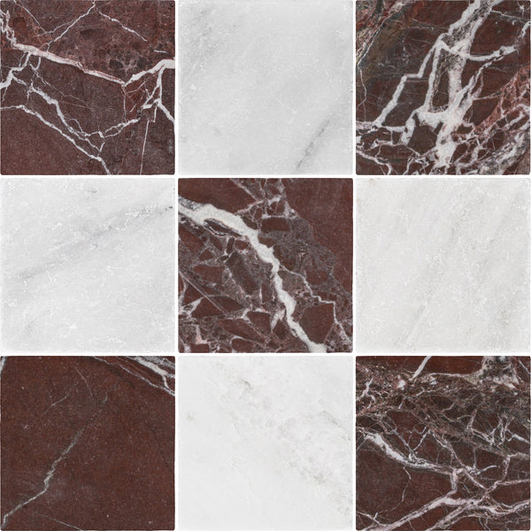 Rosso Levanto 4" x 4" Soft Tumbled & Pearl White 4" x 4" Tumbled Checkerboard Board