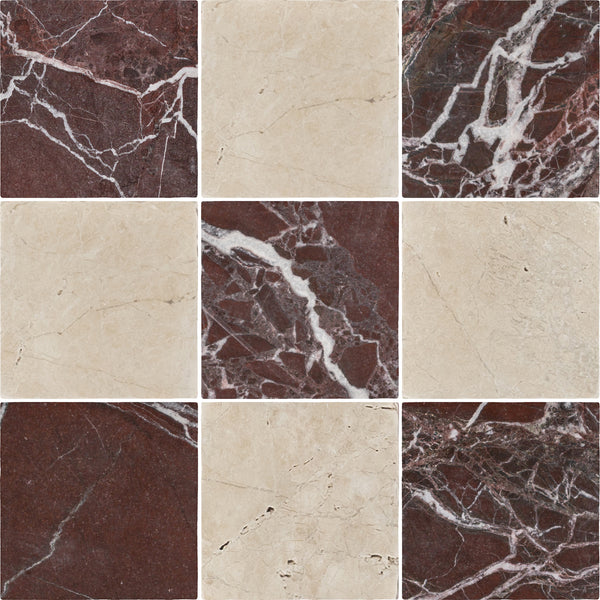 Rosso Levanto 4" x 4" Soft Tumbled & Vanilla Royale 4" x 4" Tumbled Checkerboard Board