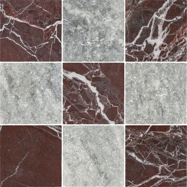 Rosso Levanto 4" x 4" Soft Tumbled & Bardiglio Nuvolato 4" x 4" Tumbled Checkerboard Board