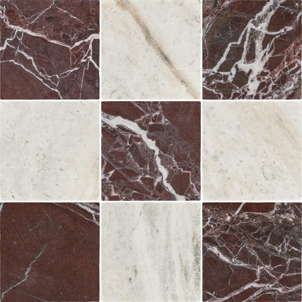 Rosso Levanto 4" x 4" Soft Tumbled & Bianco Oro 4" x 4" Tumbled Checkerboard Board