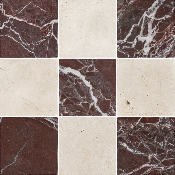 Rosso Levanto 4" x 4" Soft Tumbled & Alba Nova 4" x 4" Tumbled Checkerboard Board